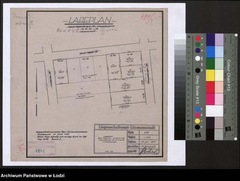 Obraz 1 z jednostki "Lageplan Horst Wessel-Strasse 113, 117, 119 und Schauenburger-Strasse Nr 31, 33 und 35 Litzmannstadt"