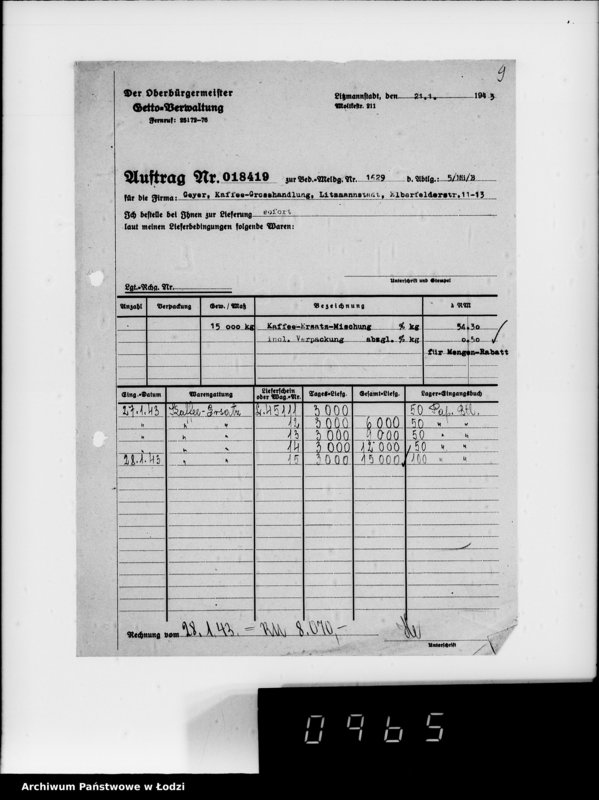 Obraz 14 z jednostki "Lebensmitteleinkauf. Aufträge, [Lieferscheinen und Rechnungen] 18371-18420. [Dostawa artykułów pierwszej potrzeby do Getta]"