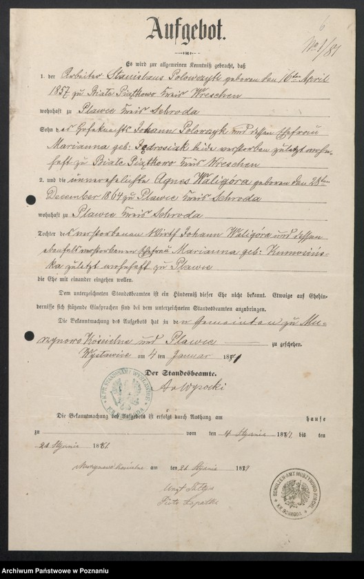 image.from.unit.number "Acta betreffend die Sammel Akten für die von den verlobten beizubringenden Urkunden und Konsenserklärungen, für die Aufgebotscheinigungen und Dispensation [...] von 1881 bis 1884"