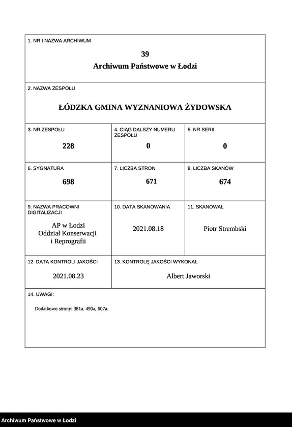 Obraz 1 z jednostki "Kartoteka osób pochowanych na cmentarzu żydowskim przy ulicy Brackiej w latach 1892-1959. Nazwiska na litery: Goldw-Gö"