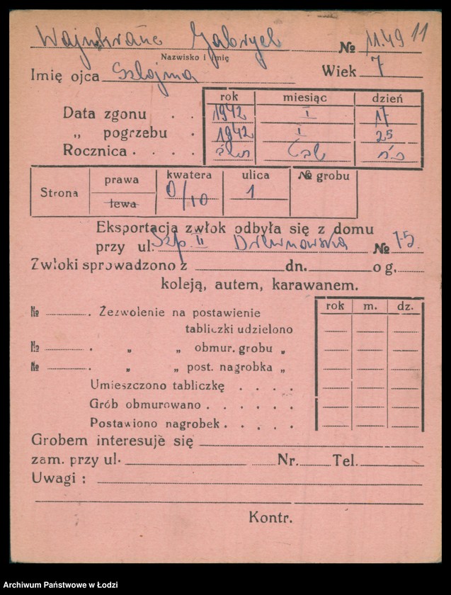 Obraz 12 z jednostki "Kartoteka osób pochowanych na cmentarzu żydowskim przy ulicy Brackiej w latach 1892-1958. Nazwiska na litery: Wajnh-Wajs"
