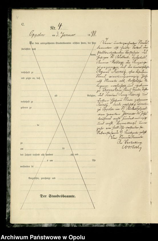 Obraz 7 z jednostki "Urząd Stanu Cywilnego w Opolu 1898 Rejestr zgonów Księga Miejscowa Nr 1 do 314"