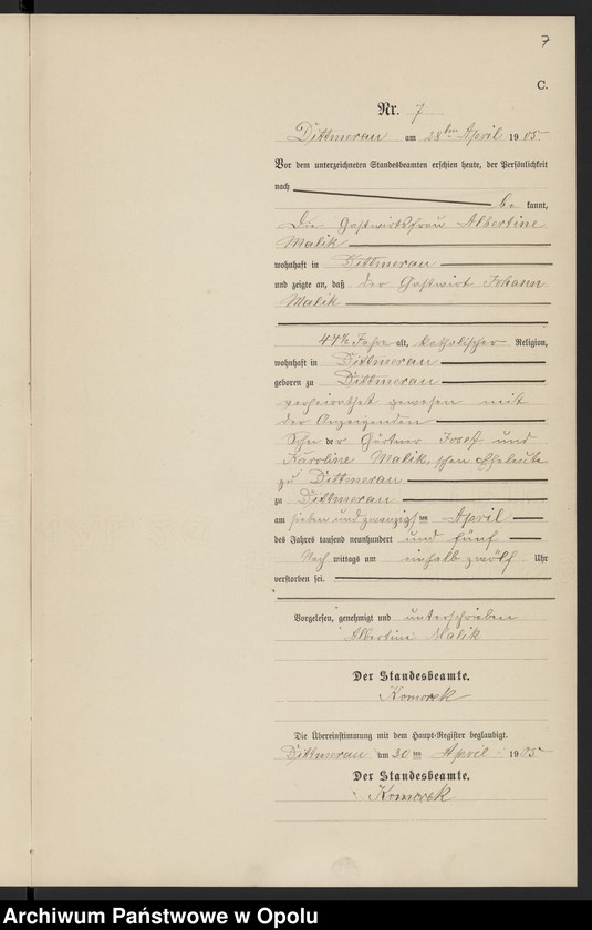 Obraz 11 z jednostki "Sterbe-Neben-Register Standesamts Dittmerau pro 1905"