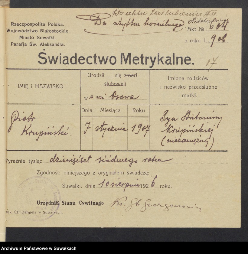 Obraz 19 z jednostki "Aneksa do aktów ślubnych Rz-kat. Jeleniewskiej parafji z 1926 roku"