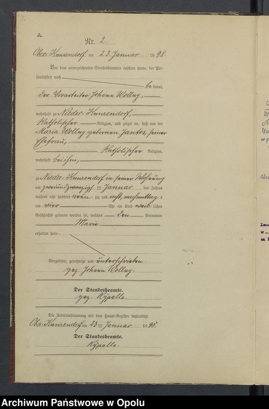 Obraz 6 z jednostki "Geburts-Neben-Register Standesamts Kunzendorf pro 1898"
