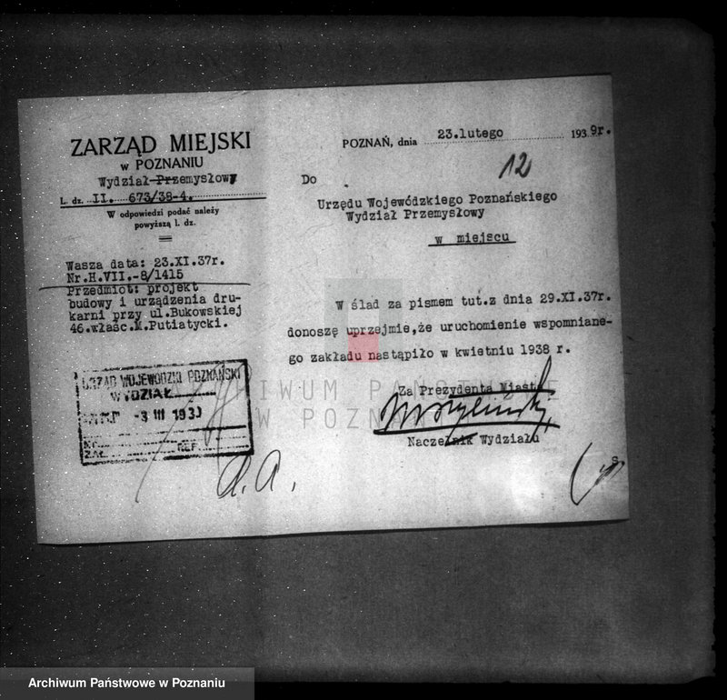 Obraz 16 z jednostki "Zatwierdzenie zakładu przemysłowego /zakłady graficzne/ M. Putiatyckiego w Poznaniu"