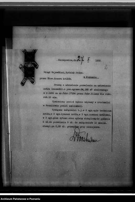 image.from.unit.number "Krochmalnia w Bronikowie pow. kościański W. Forstmann nr woj. kotła 2678"