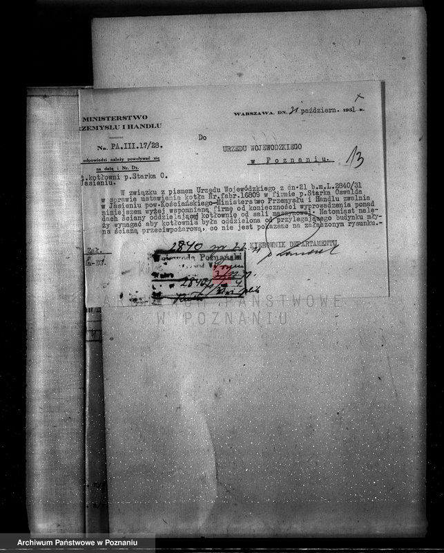 Obraz 17 z jednostki "Młyn parowy w Jasieniu pow. kościański własność O. Starke nadzór nad kotłami parowymi"