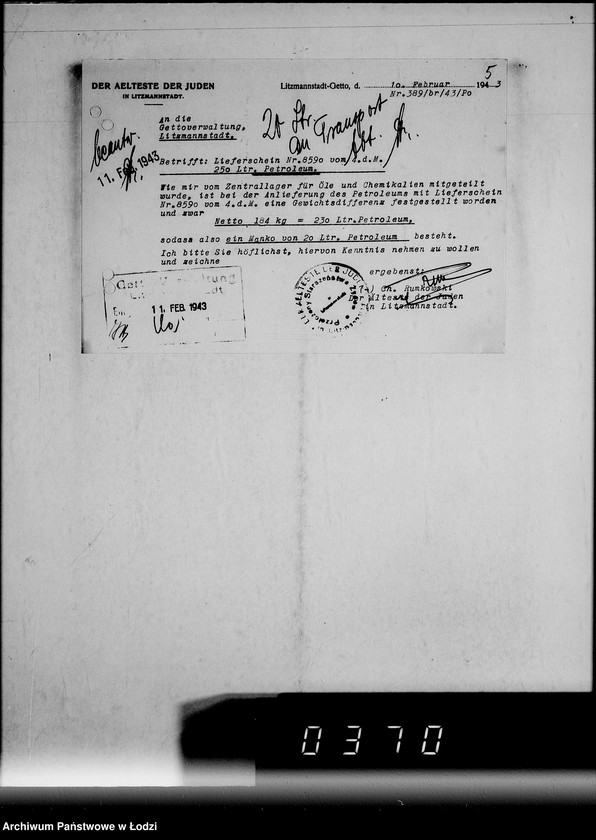 Obraz 9 z jednostki "[Korespondencja Przełożonego Starszeństwa Żydów w Getcie w sprawach przydziału maszyn i urządzeń oraz półfabrykatów do produkcji]"