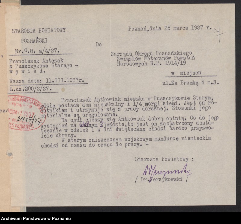Obraz 10 z jednostki "Sprawy Sądu Honorowego Związku Weteranów Powstań Narodowych Rzeczypospolitej Polski i Związku Powstańców Wielkopolskich."