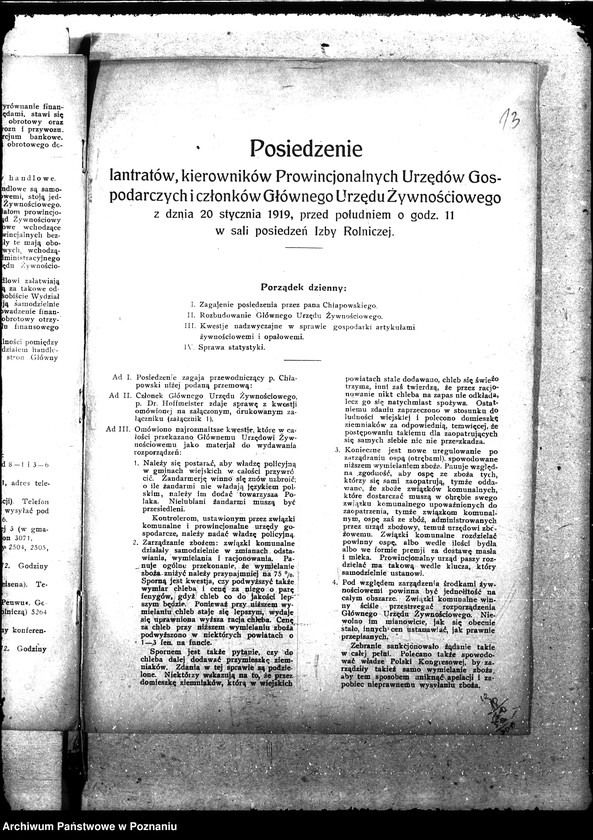 Obraz 16 z jednostki "Druk "Posiedzenie landratów, kierowników Prowincjonalnych Urzędów Gosp. i członków Gł. Urzędu Żywnościowego z dn. 20.I.1919 r. ""