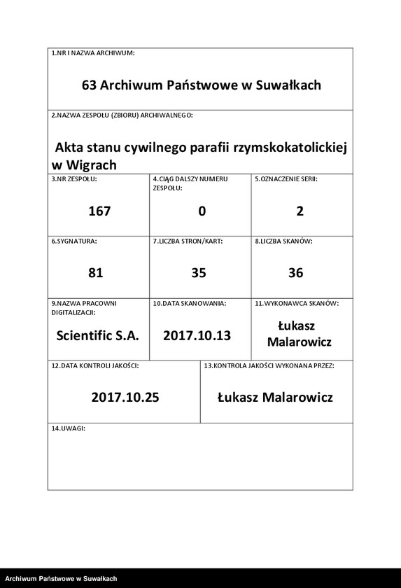 Obraz 1 z jednostki "Aneksa Aktów Ślubnych w Rz-Katolickiej Parafji Wigierskiej za 1933 rok"