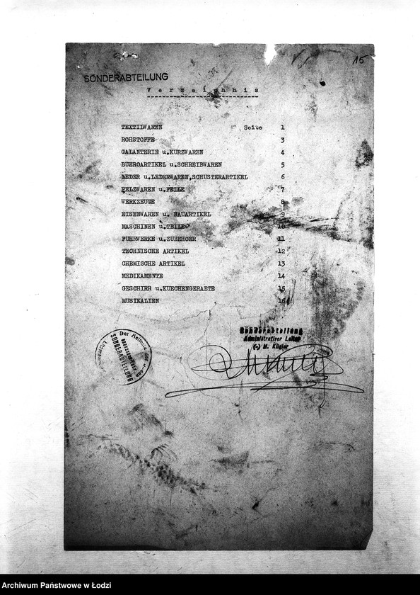 Obraz 18 z jednostki "[Specyfikacje materiałów technicznych, skórzanych, chemicznych, farbiarskich; artykułów biurowych, narzędzi, maszyn, tkanin, żywności i innych posiadanych na składzie Wydziału Specjalnego]"