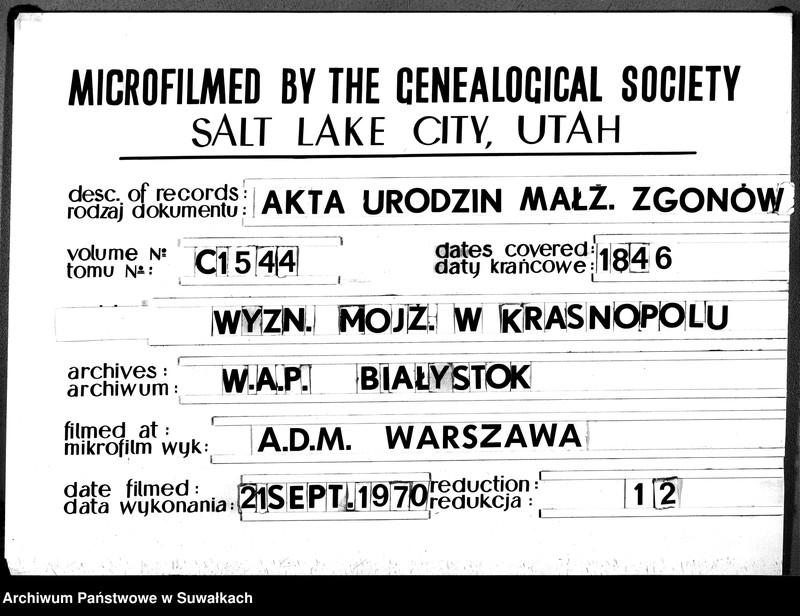 image.from.unit.number "Duplikat Aktów Urodzonych, Zmarłych i Zaślubionych Okręgu Krasnopolskiego z Roku 1846."