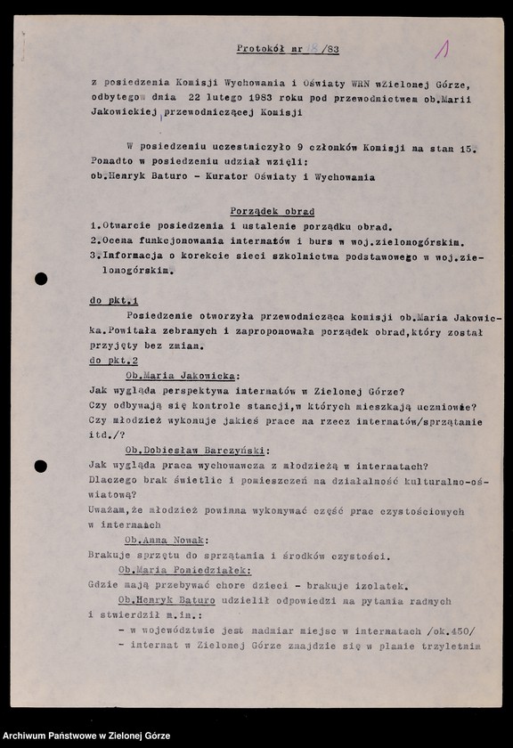 image.from.unit.number "Protokóły z posiedzeń Komisji Wychowania i Oświaty Wojewódzkiej Rady Narodowej w Zielonej Górze; Nr 18 - 24"