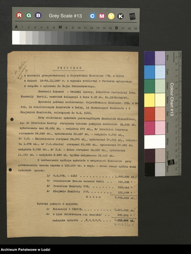 Obraz 2 z jednostki "[Protokół z kontroli przeprowadzonej w Wojewódzkim Komitecie PPS w Łodzi w sprawie rozliczeń z funduszu wyborczego w związku z wyborami do Sejmu Ustawodawczego] [i załączniki]"