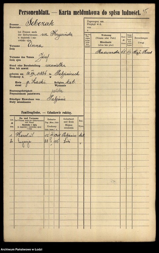 Obraz 17 z jednostki "[Spis ludności Łodzi] Sobczak"