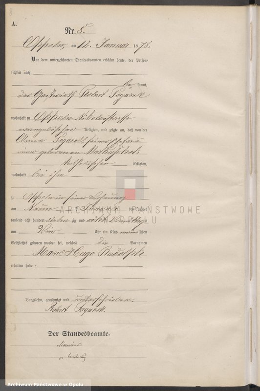 Obraz 12 z jednostki "Urząd Stanu Cywilnego w Opolu 1878 Rejestr Urodzeń Księga Miejscowa Nr 1 do 487"