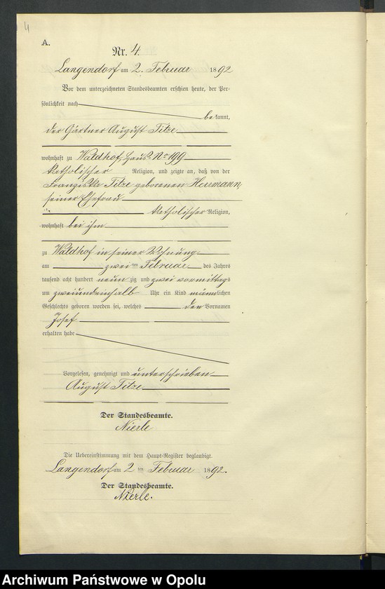 Obraz 8 z jednostki "Geburts-Neben-Register des Standesamts Langendorf pro 1892"