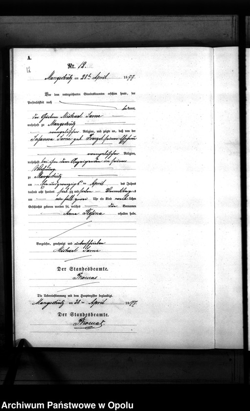 image.from.unit.number "Geburts-Neben-Register des Standesamts Mangschütz Kr.[eis] Brieg pro 1877"
