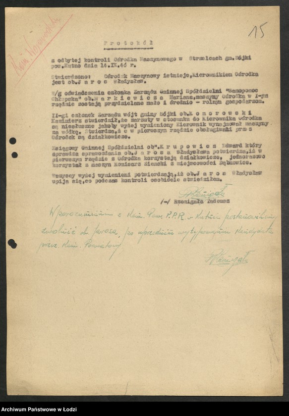 Obraz 16 z jednostki "Ośrodki Maszyn Rolniczych [- protokoły z kontroli i lustracji, wykazy kierowników Ośrodków]"