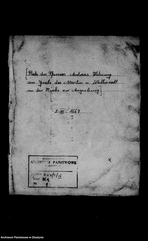 image.from.unit.number "/Rede des Pfarrers Andreas Helwing am Grabe des Martin v. Wallenrodt in der Kirche zu Angerburg/"