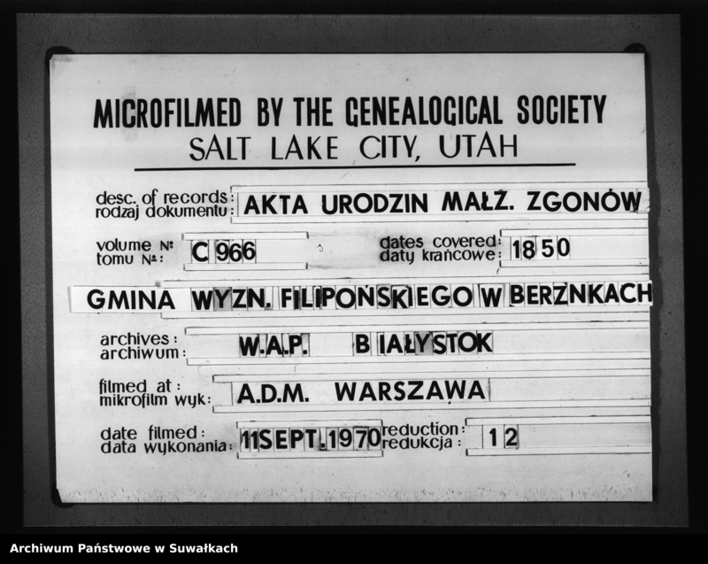 image.from.unit.number "Duplikat Akt Urzędnika Stanu Cywilnego Sekty Filiponów Gminy Berzniki Urodzonych, Umarłych i Zaślubionych za Rok 1850"