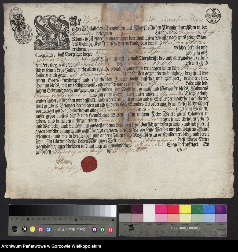 image.from.unit.number "[Lehrbrief für den Töpfergesellen Erdmann Gottfried Sperber aus Landsberg an der Warthe. Landsberg an der Warthe den 8 October 1766]"