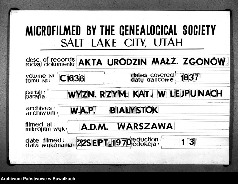 image.from.unit.number "Księga Duplikatu zawierająca w sobie Akta Urodzonych, Zaślubionych i Umarłych z Roku 1837 Parafij Leypuńskiey"