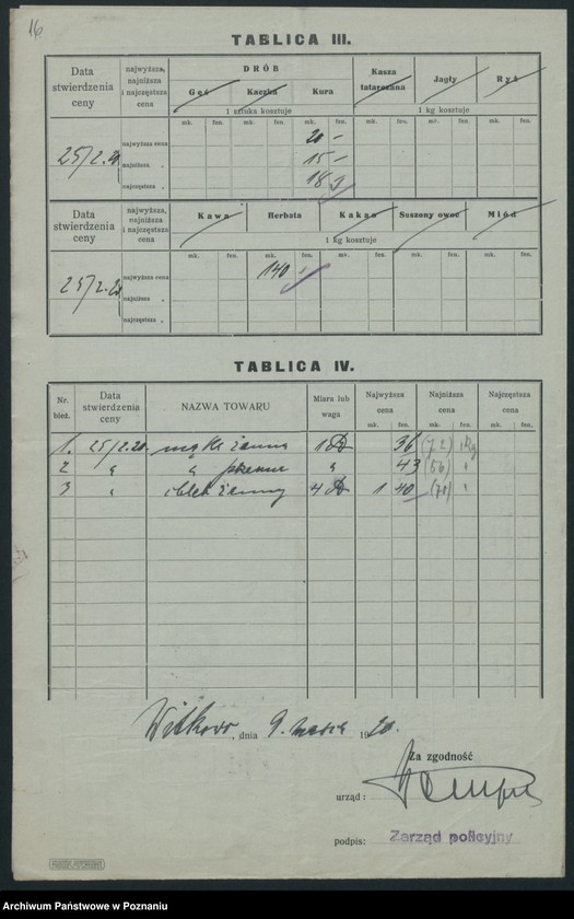Obraz 18 z jednostki "[Wykaz cen rynkowych artykułów spożywczych w poszczególnych miastach Województwa Poznańskiego za miesiąc luty 1920]"