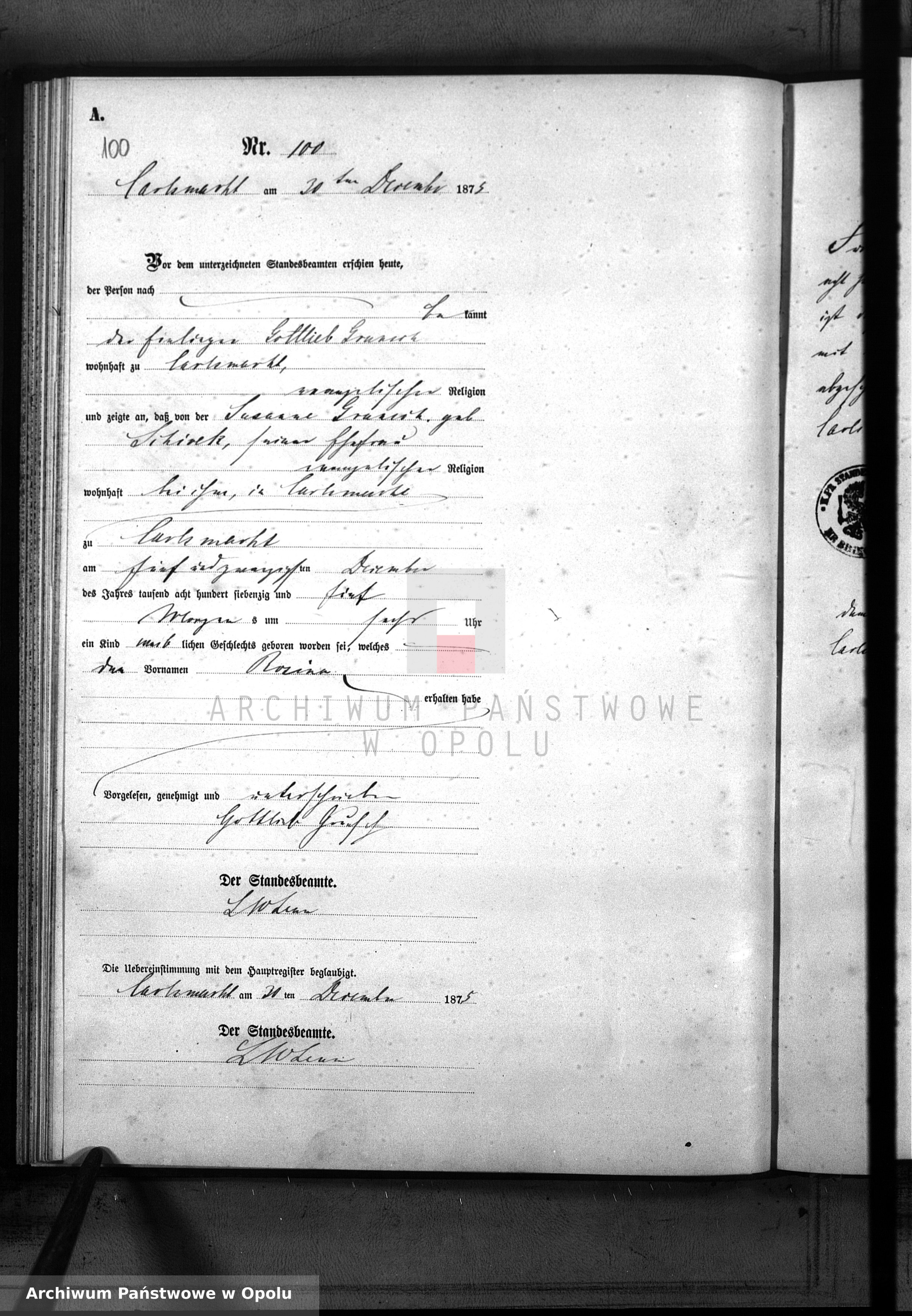 Skan z jednostki: Geburts-Neben-Register des Standes Amtes Carlsmarkt pro 1875