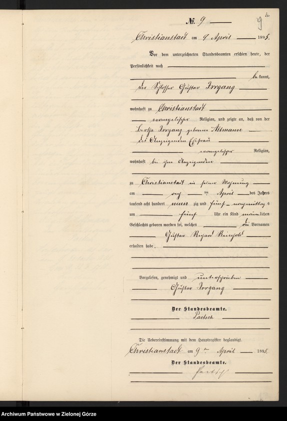 Obraz 12 z jednostki "Geburts-Neben-Register im Standes-Amt Christianstadt Kreis Sorau 1895"