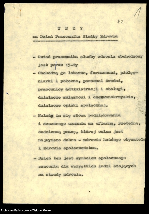 Obraz 3 z jednostki "Zdrowie. Przemówienia pracowników wydziału z okazji. Dnia pracownika służby zdrowia w latach 1982-1988, rocznic Wojewódzkiej Stacji Krwiodawstwa w 1978,1986; Sanepidu 1979, Sanatorium w Torzymiu w 1980, PKPS w 1984"