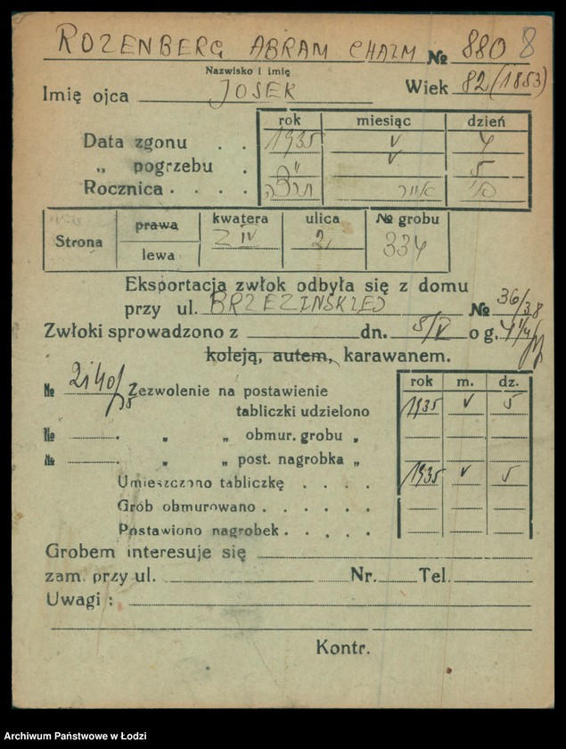 Obraz 9 z jednostki "Kartoteka osób pochowanych na cmentarzu żydowskim przy ulicy Brackiej w latach 1892-1954. Nazwiska na litery: Rozenbe-Rozenf"