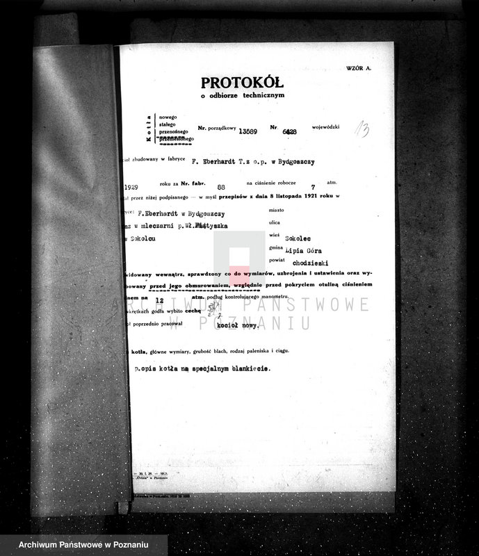 Obraz 17 z jednostki "Mleczarnia w Solcu pow chodzieski własność właściciel Piętyszek, kocioł nr fabryczny 88, nr woj. 6428"