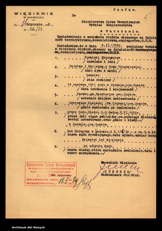 image.from.unit.number "Więzienie w Rawiczu - informacje o zwolnieniu osób skazanych za działalność komunistyczną. Kwestionariusze."