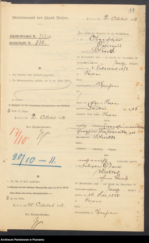 Obraz 13 z jednostki "[Dokumenty dostarczone przez narzeczonych do zawarcia związku małżeńskiego za 1902 rok. Tom XVI]"