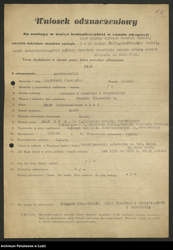 Obraz 6 z jednostki "Związek Uczestników Walki Zbrojnej o Niepodległość i Demokrację; deklaracje [członkowskie], wnioski odznaczeniowe"