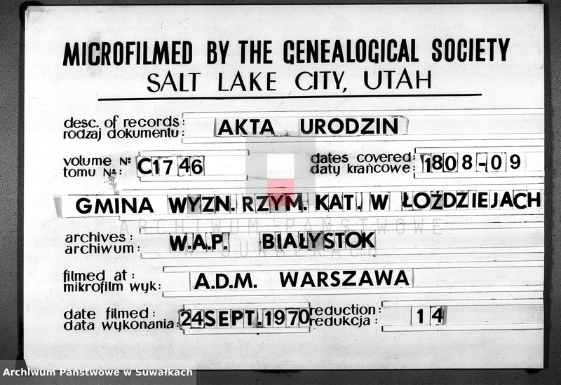 Obraz 1 z jednostki "Księga Akttów Urodzenia w Gminie Łozdziejskiey Pttu Seyneńskiego w Deppartamentcie Łomżyńskim 1808 Maja 1 go dnia sporządzona"