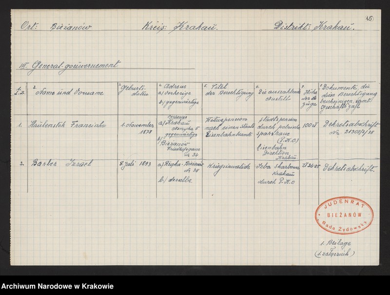 image.from.unit.number "Kwestionariusze Żydów z miejscowości: Baligród /30 IX 1940/, Baranów Sandomierski, Bieżanów, Biecz /25 i 29 IX 1940/, Błażowa, Bobowa /23 IX 1940/, Bochnia /15 XI 1940/, Boratyń /12 X 1940/, Borek Fałęcki /7 XI 1940/, Brzesko, Brzostek, Czudec."