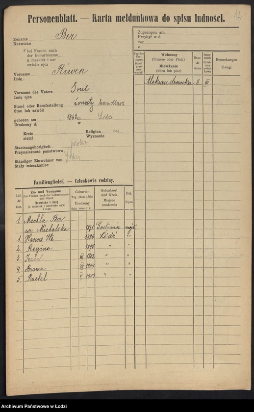 Obraz 14 z jednostki "[Spis ludności Łodzi] Ber - Behr"