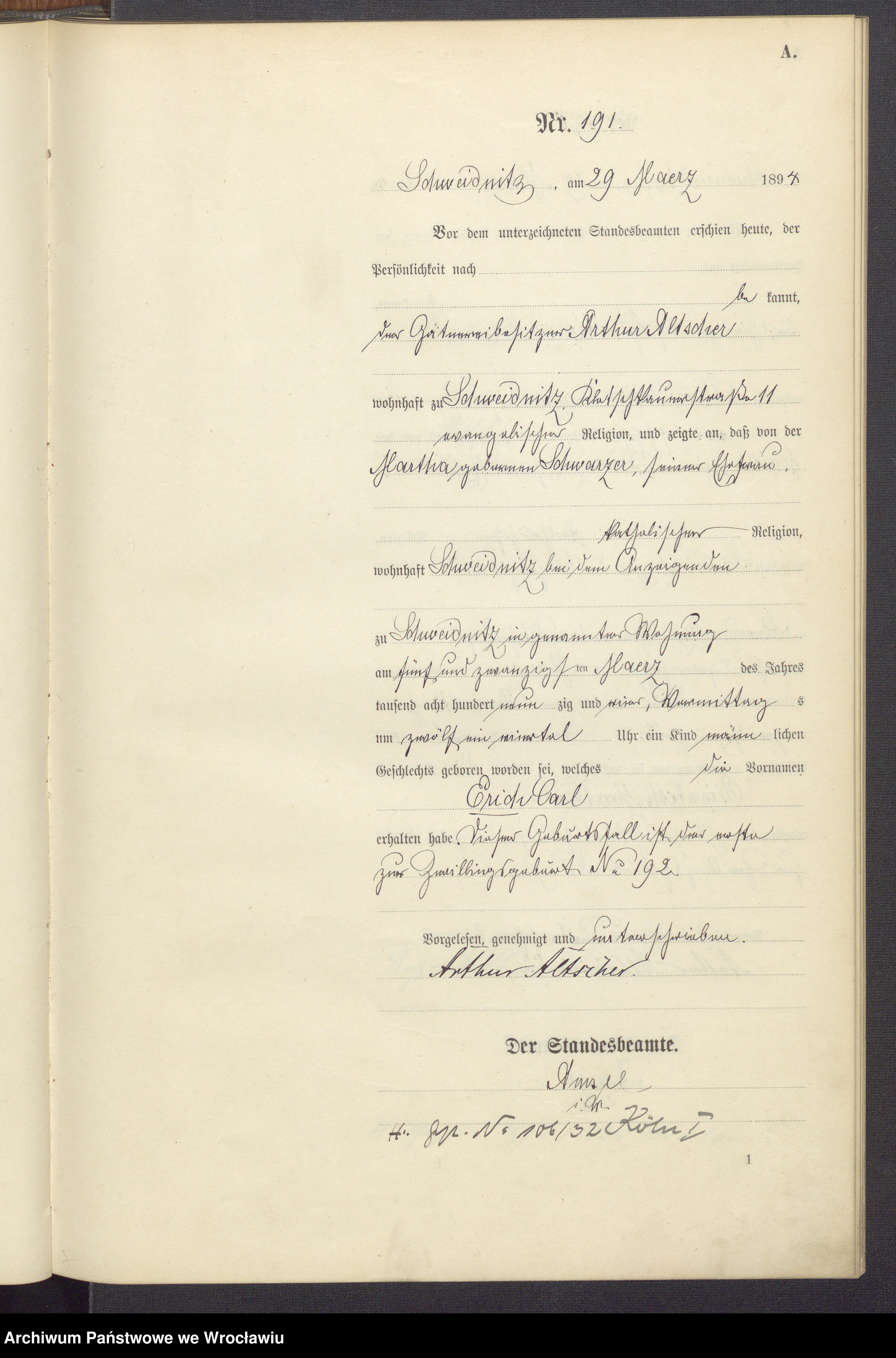 Skan z jednostki: Księga urodzeń USC Świdnica (Schweidnitz) 1894 t. 01