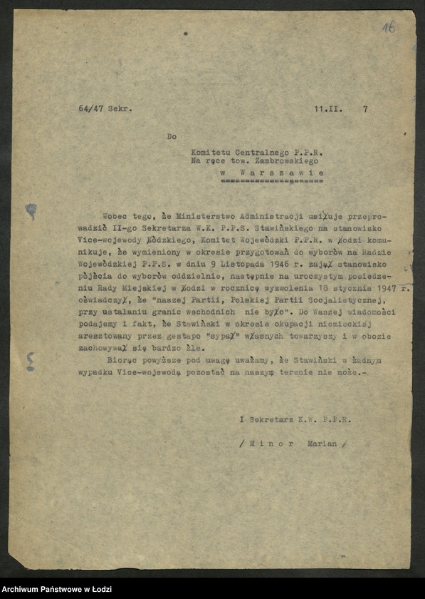 Obraz 18 z jednostki "Korespondencja I-go Sekretarza Komitetu Wojewódzkiego Polskiej Partii Robotniczej"