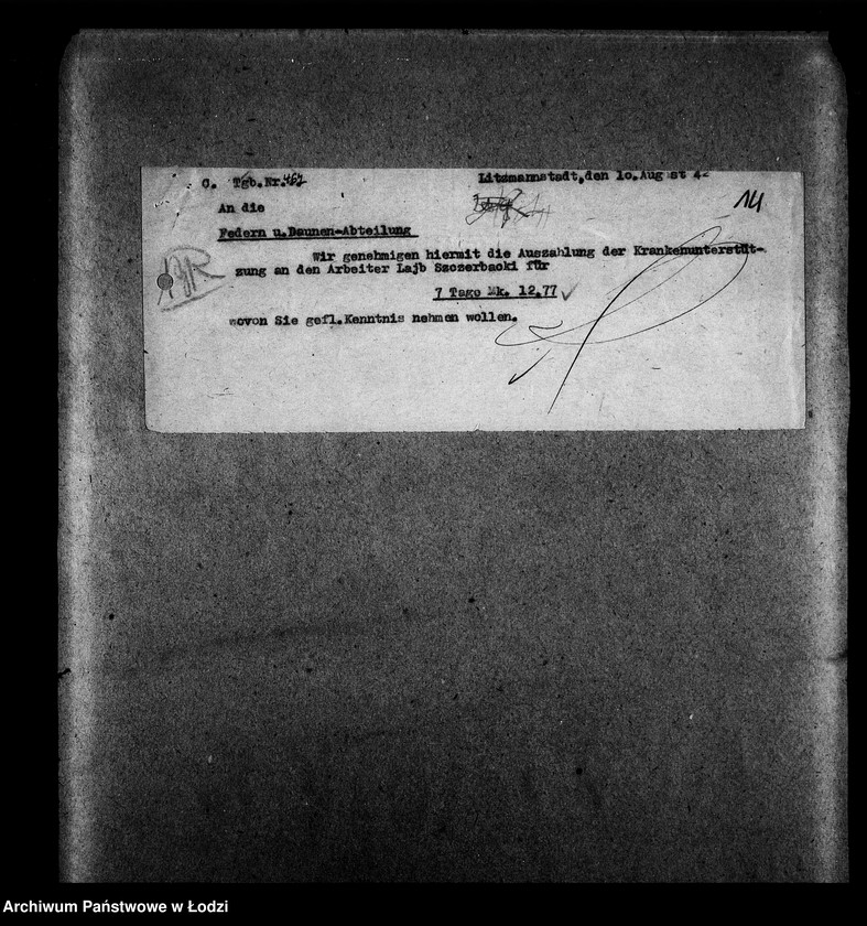 Obraz 14 z jednostki "Federn-und Daunen Abteilung [Zasiłki chorobowe dla pracowników wydziału, zaświadczenia lekarskie, listy pracowników]"