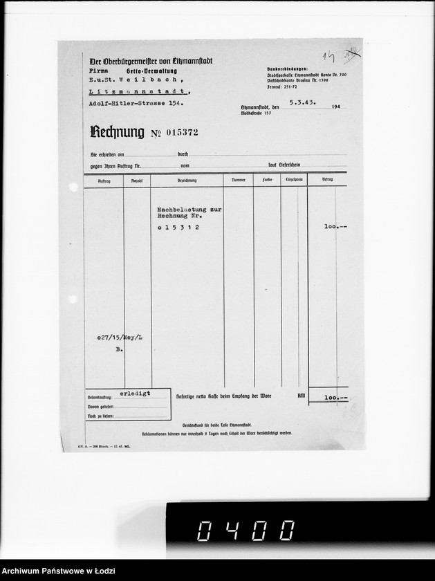 Obraz 18 z jednostki "F-ma St.Weilbach Litzmannstadt IV Warenverwertung an Lager 99"