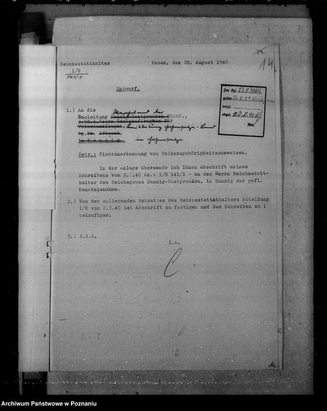 Obraz 18 z jednostki "Zarządzenia i korespondencja w sprawie zaświadczeń o pochodzeniu niemieckim"