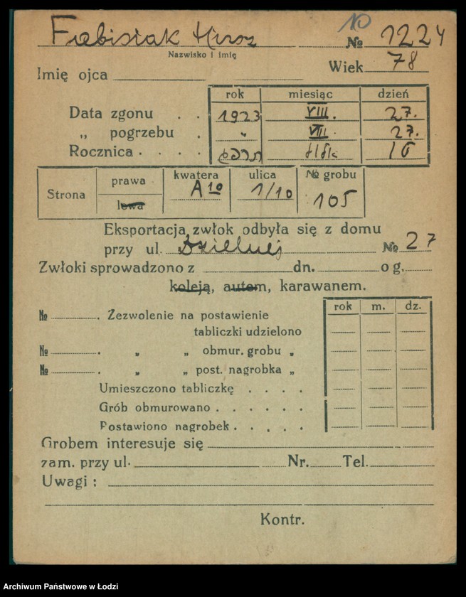 Obraz 11 z jednostki "Kartoteka osób pochowanych na cmentarzu żydowskim przy ulicy Brackiej w latach 1892-1958. Nazwiska na litery: Fa-Fä"