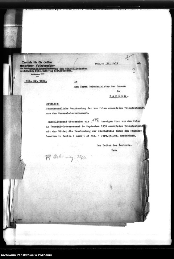 Obraz 7 z jednostki "Schriftwechsel mit Berlin- z Urzędu Stanu Cywilnego i Min. Spraw Wewnętrznych - w sprawie wystawienia świadectw zgonu"