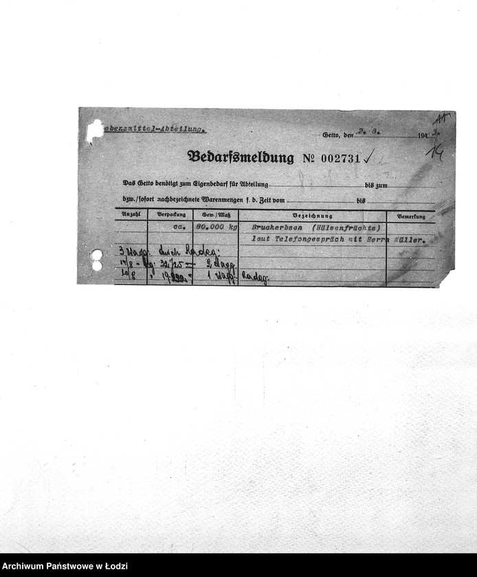 Obraz 17 z jednostki "Bedarfsmeldungen [Zapotrzebowania na żywność]"