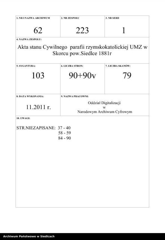 image.from.unit.number "[Księga duplikat Akt Urodzonych, Zaślubionych i Zmarłych Parafii Skurzeckiej na rok 1881]"